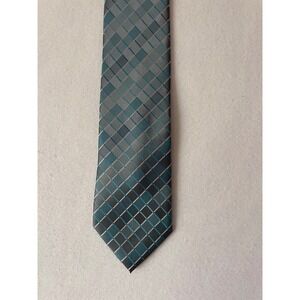 Van Heusen Mens Grey Teal Geometric Grid Plaid Polyester Necktie Classic Tie